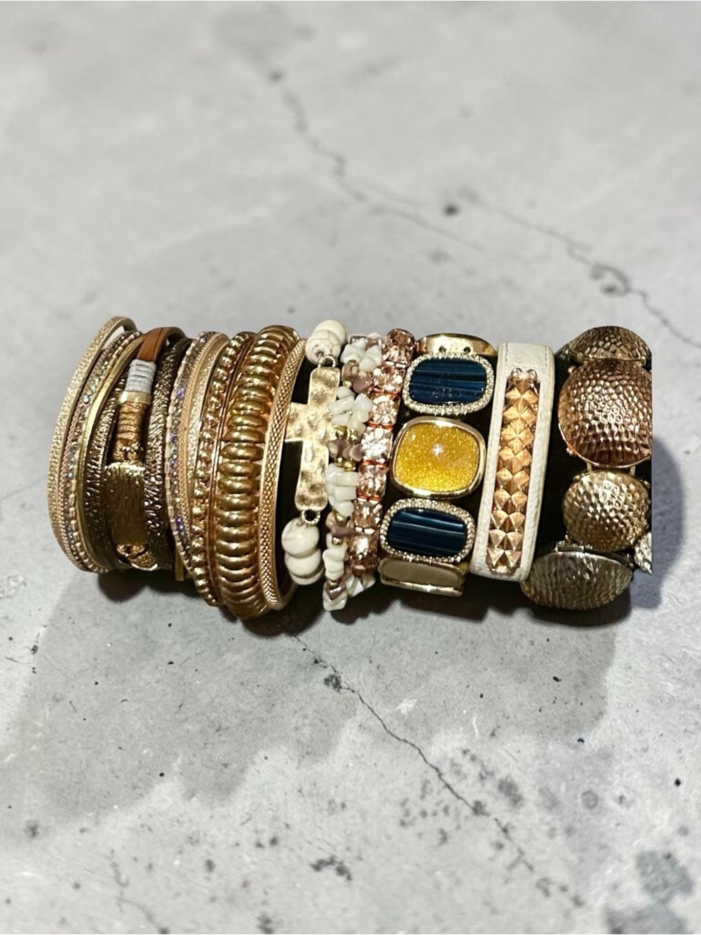Boho Gold Chunky Bracelet Stack Mixed Media Beaded Textured Cuff Arm Party